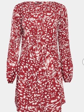 Maje Red and White Abstract-Print Long-Sleeve Mini Dress
